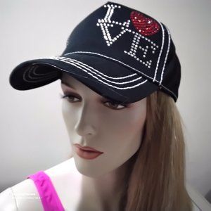 Pugs Gear Black Woman's Baseball Cap With Red & Clear Rhinestones & White Stitch